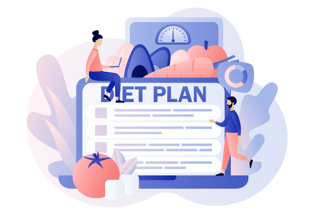 营养的饮食。饮食计划与健康的食物，蔬菜，水果和身体活动的网站。健康的生活方式。营养学家。现代平面卡通风格。矢量图图片下载