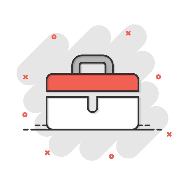 漫画风格的公文包标志图标。手提箱矢量卡通插图的白色孤立的背景。行李经营理念的飞溅效应。图片下载