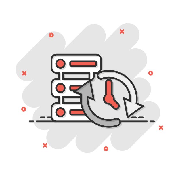 漫画风格的数据中心图标。时钟矢量卡通插图在白色孤立的背景。手表经营理念飞溅效果。图片下载