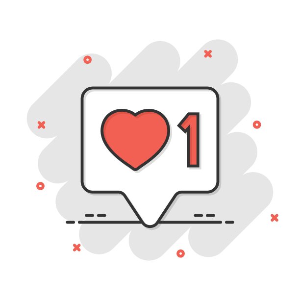 社交媒体通知标志图标漫画风格。喜欢，评论，跟随矢量卡通插图在白色孤立的背景。点击按钮创业概念飞溅效果。图片下载