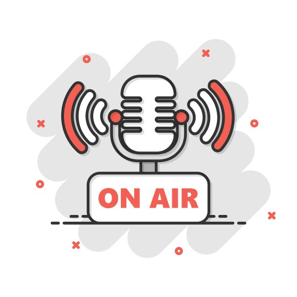 麦克风图标在漫画风格。直播矢量卡通插图在白色孤立的背景。对航空商务概念的飞溅效应。图片下载