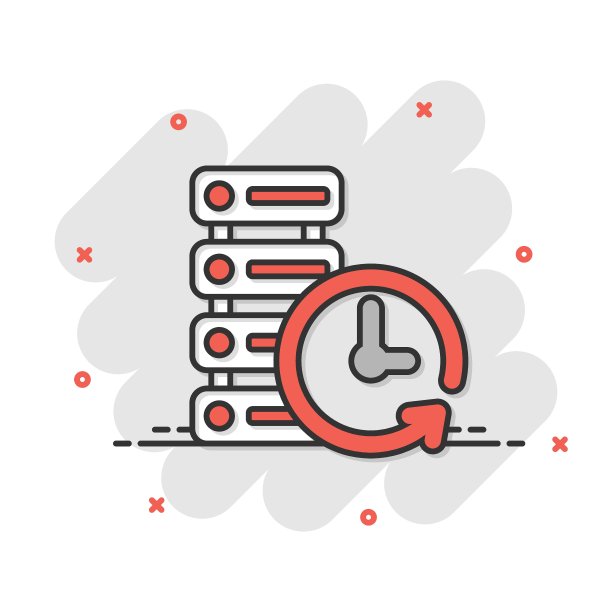 漫画风格的数据中心图标。时钟矢量卡通插图在白色孤立的背景。手表经营理念飞溅效果。图片下载