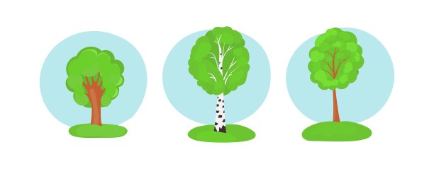 春天和夏天的树收集卡通风格。图片与木材树孤立在蓝天背景。矢量插图。图片下载