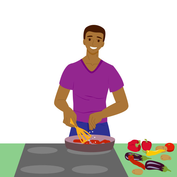 在厨房里的黑人男性，素食黑人男性用蔬菜准备食物图片下载