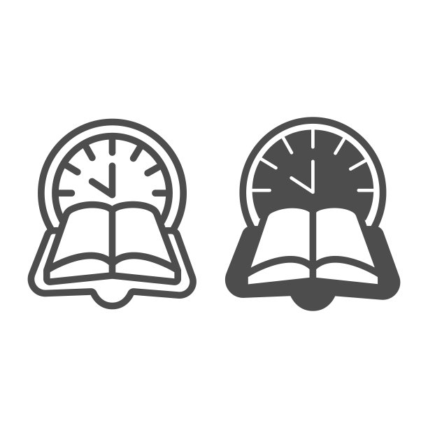 时钟，书籍时间线和固体图标，儿童书籍日概念，阅读时间矢量标志在白色背景，打开书籍大纲风格的移动概念和网页设计。矢量图形。图片下载