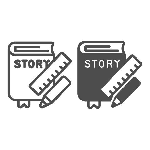 故事书，尺子，铅笔线和固体图标，儿童书日概念，尺子，铅笔矢量标志在白色的背景，故事书大纲风格的移动概念和网页设计。矢量图形。图片下载