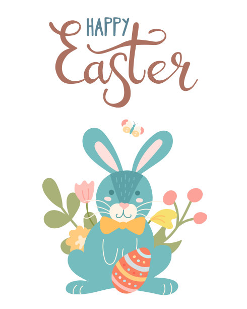 可爱的复活节兔子与蛋，植物，花。矢量图像，明信片在一个平坦的卡通风格的白色背景图片下载