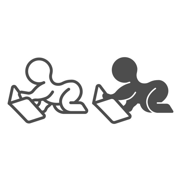 打开书籍与儿童线和固体图标，儿童书籍日概念，爬行婴儿矢量标志的白色背景，书籍和儿童轮廓风格的移动概念和网页设计。矢量图形。图片下载