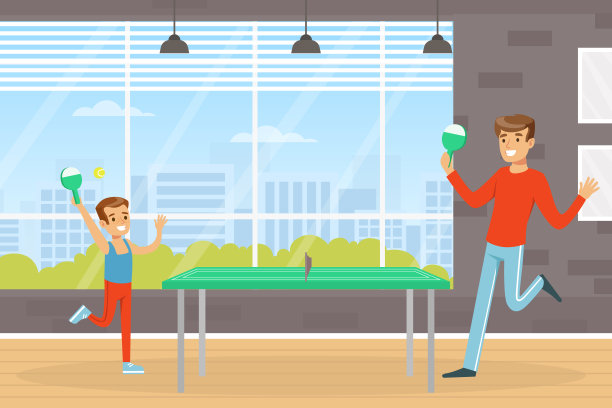 年轻的父亲和他的儿子打乒乓球矢量插图图片下载