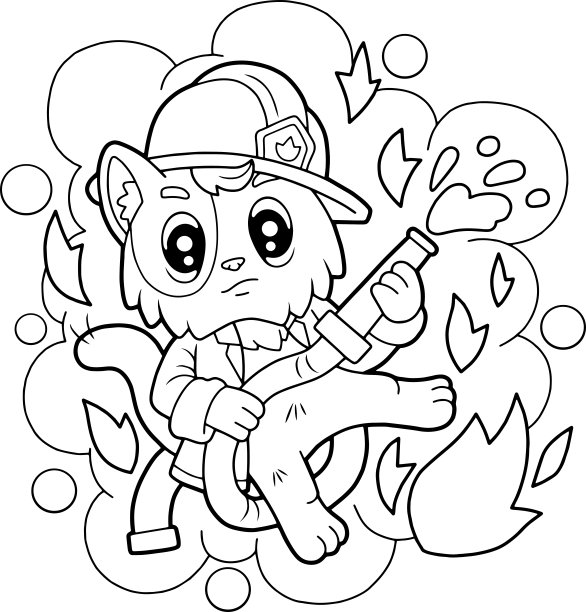 可爱的消防猫，涂色书，有趣的插图图片下载