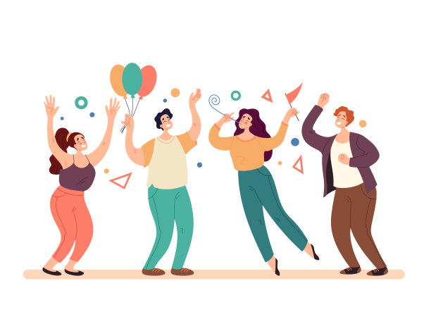 快乐微笑的人们，男人，女人，人物，朋友，同事庆祝节日。矢量平面卡通现代风格抽象插图集图片下载