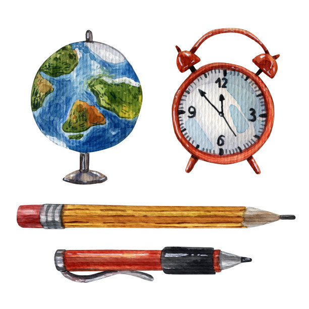 可爱的水彩学校用品。手绘卡通风格。地球仪，钢笔，铅笔和红色闹钟。回到学校的风格。小学的供应。可爱的插图印刷。学校设置。图片下载