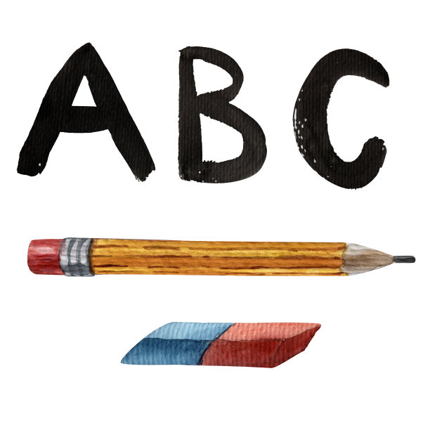 可爱的水彩学校用品。手绘卡通风格。黑色的字母。铅笔、橡皮和铅笔。回到学校的风格。小学的供应。孤立的教育理念。卡通艺术风格图片下载