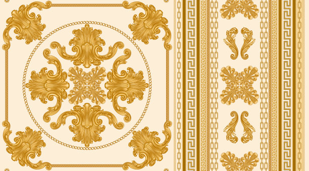无缝边界图案印刷在米色背景，金链和电缆，希腊蜿蜒的frieze，巴洛克卷轴和珍珠贝壳。围巾，围巾，头巾，地毯，小地毯，粗呢绒图片下载