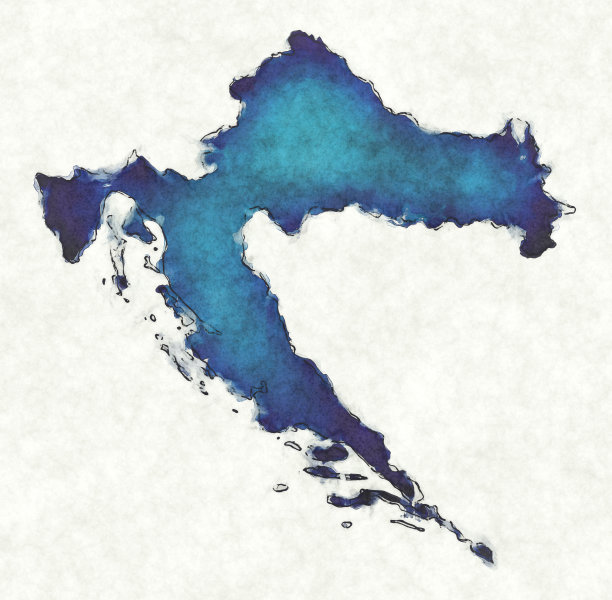 克罗地亚地图与绘制线和蓝色水彩插图图片下载