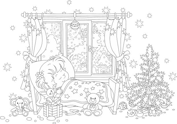 圣诞老人给一个熟睡的小女孩带来了一份礼物图片下载