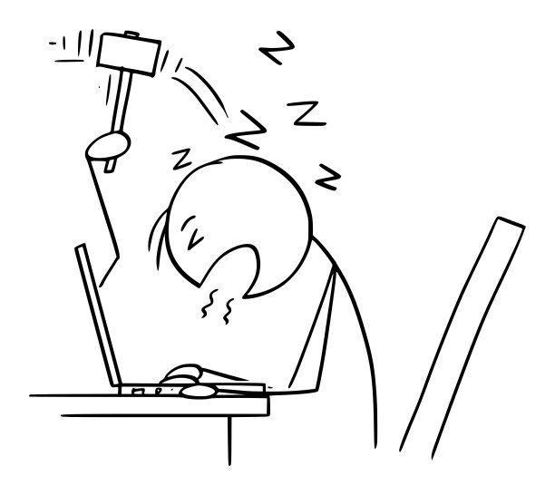 办公人员或商人在电脑上工作时睡觉，矢量卡通简笔画插图图片下载