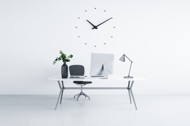 现代风格的室内工作场所与现代电脑在白色的光滑地板在白色的背景图片下载