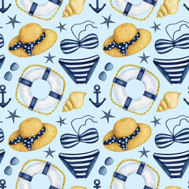 水彩夏季海上度假配件和船舶设备无缝模式。锚，救生圈，比基尼泳衣，草帽，太阳镜，海星。手绘背景设计图片下载
