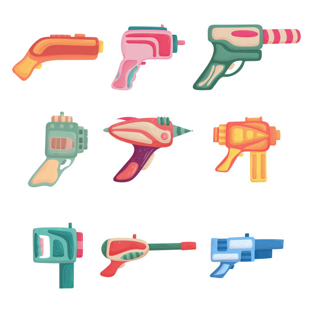 爆破枪设置在卡通风格的白色背景。武器收藏。色彩缤纷，色彩鲜艳的儿童插画。图片下载
