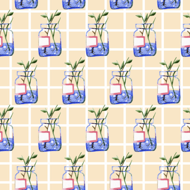 无缝模式的玻璃罐与蓝色的水生根的树枝。在方格背景上手绘水彩插图。完美的网站，商店，明信片，礼品纸，打印。图片下载