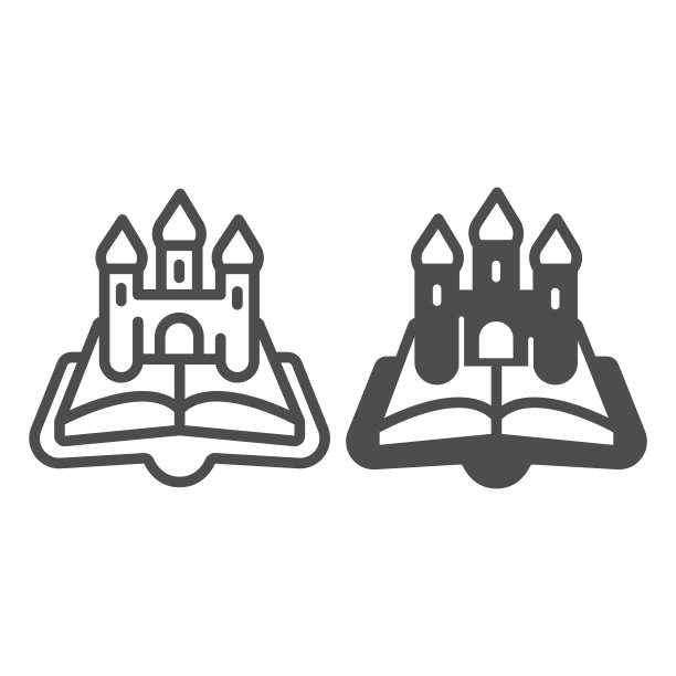 打开书城堡线和固体图标，儿童图书日概念，城堡，女王，国王矢量标志上的白色背景，书和城堡轮廓风格的移动概念和网页设计。矢量图形。图片下载