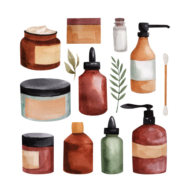 水彩设置玻璃瓶护肤产品。图片下载