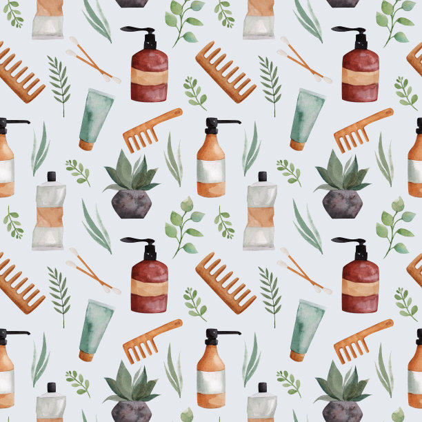 无缝图案与环保化妆品，水彩插图图片下载