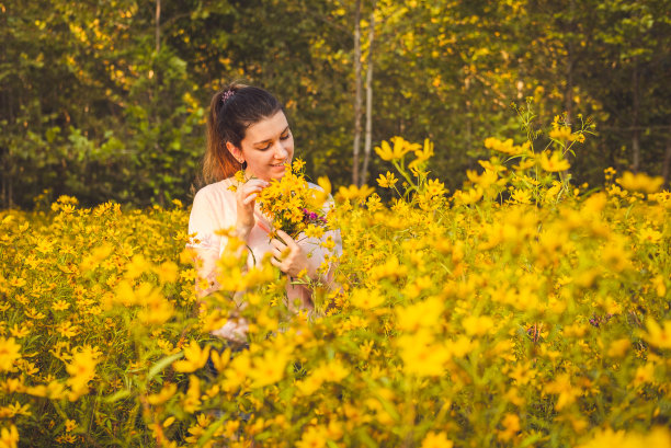 年轻美丽的女子在野黄花的田野里图片下载