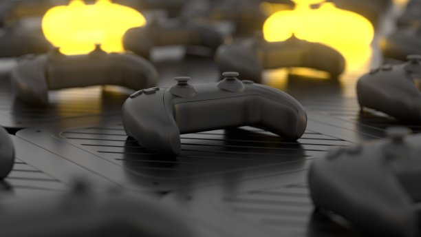 黑色操纵杆上的黑色纹理表面。背景上的黄色发光物体。景深。手柄在光滑的桌子背景。关闭了。玩家的概念。三维渲染图片下载