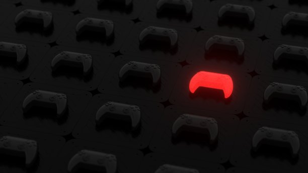 黑色操纵杆上的黑色纹理表面。红色发光的物体。手柄上光滑的桌面图案背景。玩家的概念。三维渲染图片下载