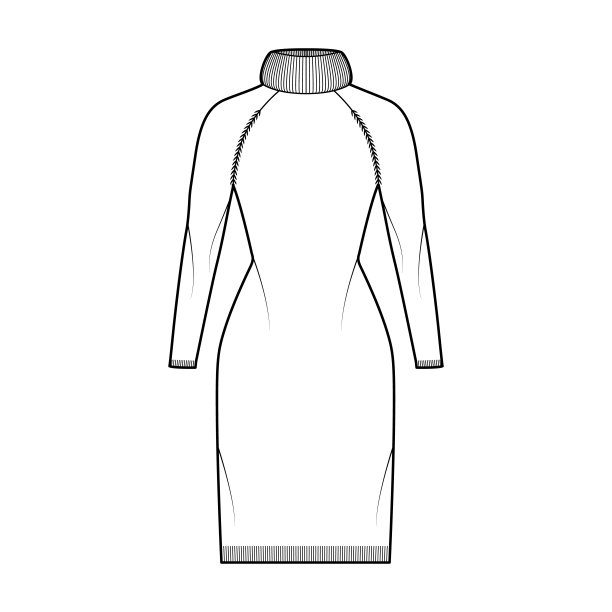 毛衣连衣裙夸张的高领技术时尚插图，长插肩袖，修身，及膝图片下载