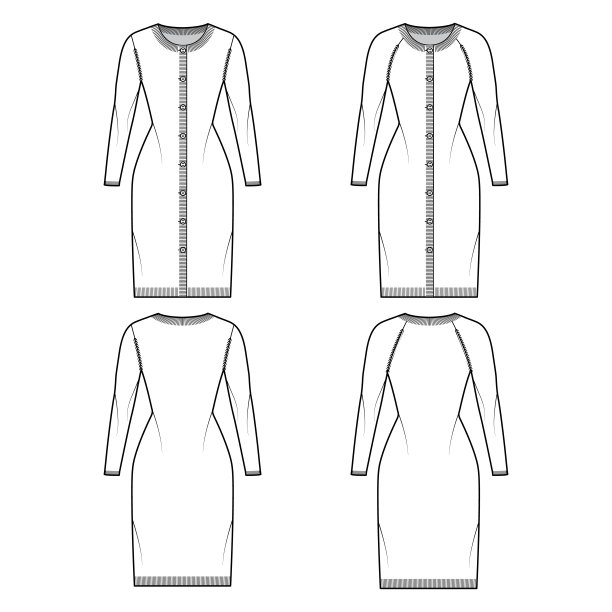套圆领连衣裙开衫技术时尚插图与长插肩袖，合身的身体，膝盖长度图片下载