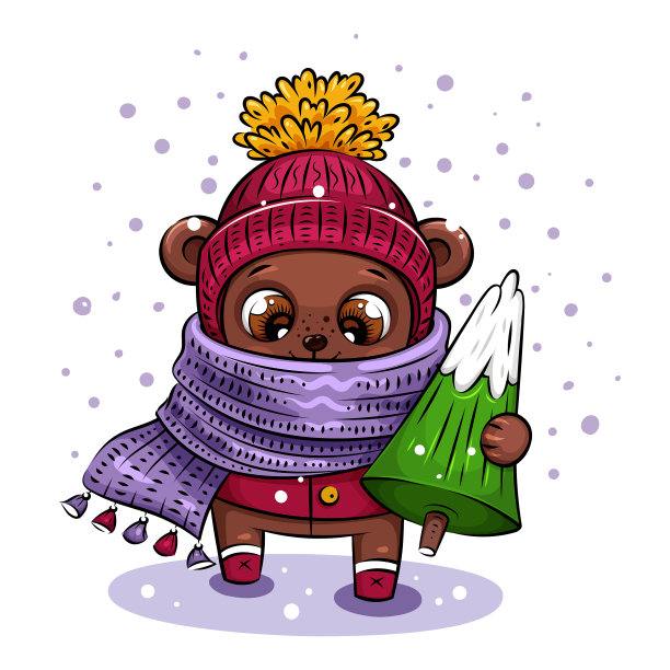 戴着针织帽的熊正扛着圣诞树图片下载