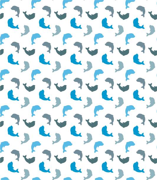 无缝模式与蓝色和灰色海豚游泳。可爱的海洋图案用于布料、婴儿服装、背景、纺织品、包装纸等装饰。向量 斯堪的纳维亚风格的墙纸。图片下载