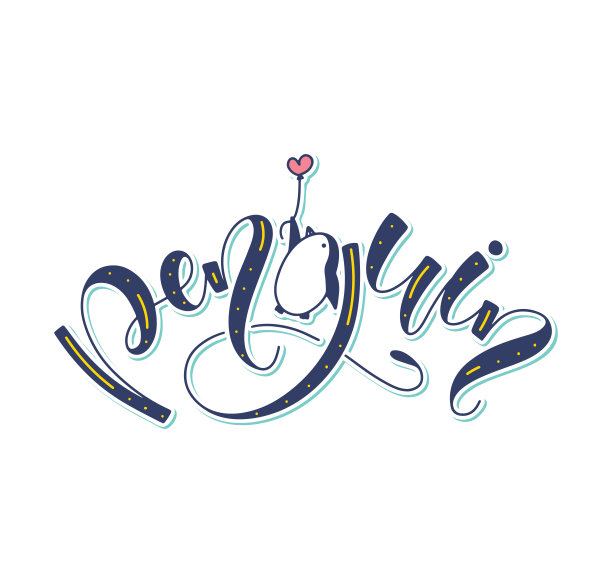 企鹅标志设计矢量模板，彩色书法孤立在白色背景图片下载