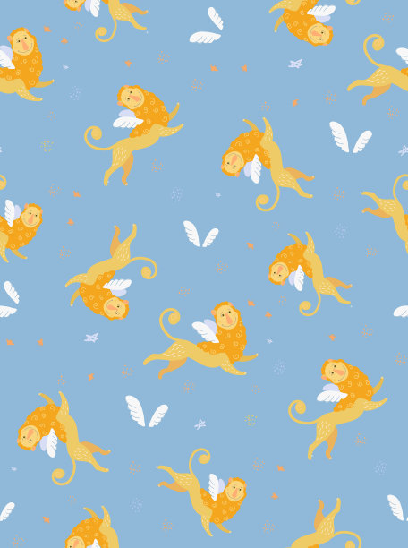 无缝矢量壁纸的孩子。图案与狮子，星星，鸟类在一个孤立的蓝色背景。可爱的卡通人物，天使的翅膀。儿童尿布、衣服、文具的印刷图片下载