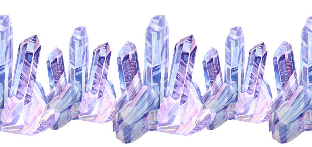 无缝边界水彩收集矿物蓝色水晶钻石孤立在白色背景。手绘宝石冥想，办公用品，速写本，卡片，庆祝，墙纸，包装图片下载