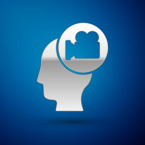 银色头与相机图标孤立在蓝色图片下载