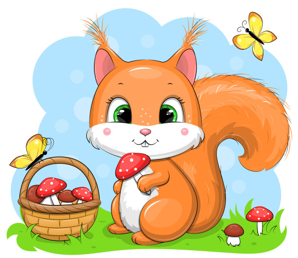 可爱的卡通松鼠和一个装满蘑菇的篮子。图片下载