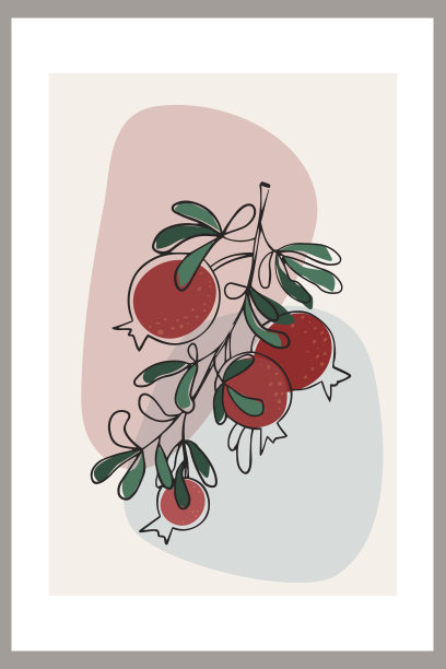 石榴在有叶子的树枝上。模板用抽象构图，线形水果艺术。极简主义，柔和的大地色。矢量横幅明信片，墙壁艺术和社交媒体封面图片下载