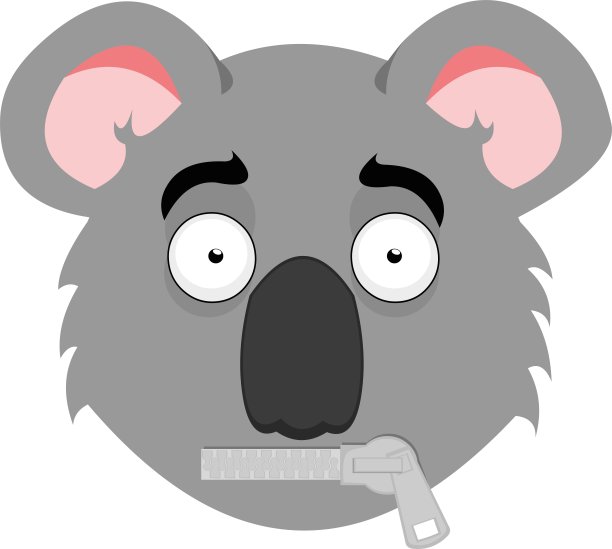 矢量表情插图，一只考拉的头与一个害怕的表情，在嘴闭上-沉默的概念图片下载