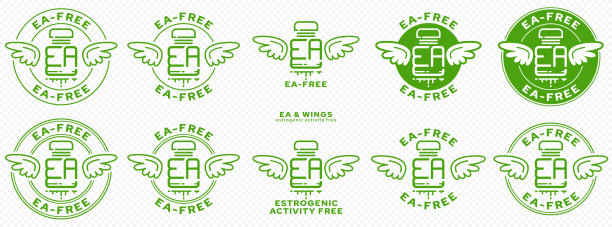 塑料制品的概念。标记-没有雌激素活性。一个塑料EA瓶与翅膀和流动的线-象征自由从雌激素活动。向量元素分组。图片下载