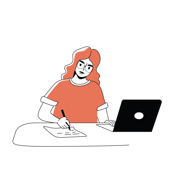 年轻女子正坐在她的笔记本电脑前做笔记。图片下载