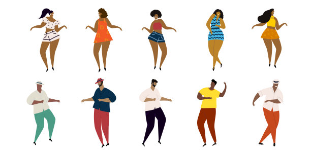 一套矢量手绘卡通插图拉丁美洲，加勒比。非洲男人和女人跳舞曼波，帕卡塔，萨尔萨舞，梅伦格舞，玩得很开心。图片下载