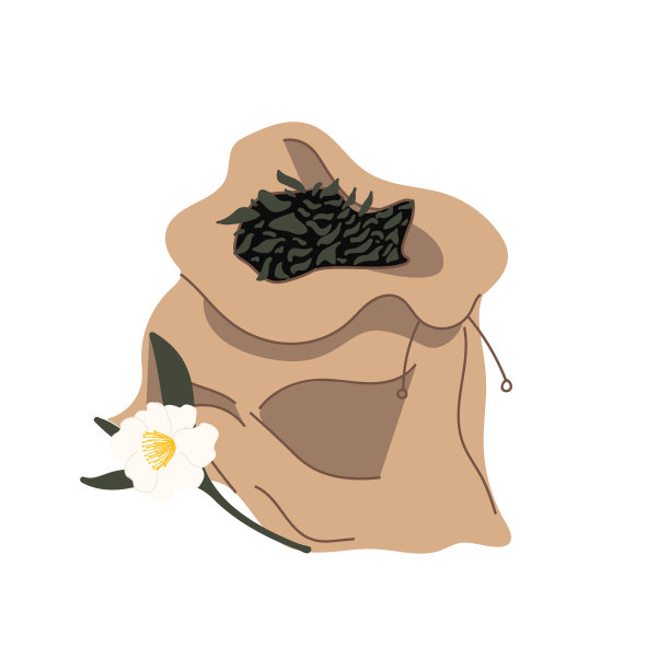 一个手工绘制的棕色袋子，里面装着干绿茶。图片下载