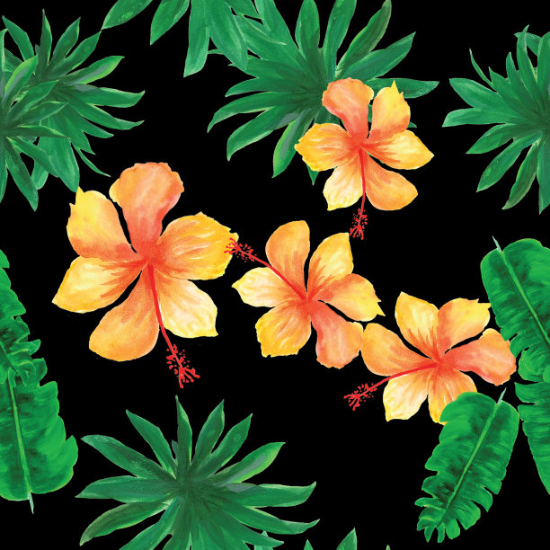 黑色的无缝的艺术。黄色的手掌模式。粉红色的热带的设计。珊瑚印花复古。自然花背景。绿色装饰插画。香蕉叶子。图片下载