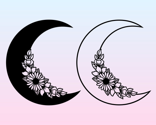 向量月牙带花。装饰插图在平面风格。图片下载