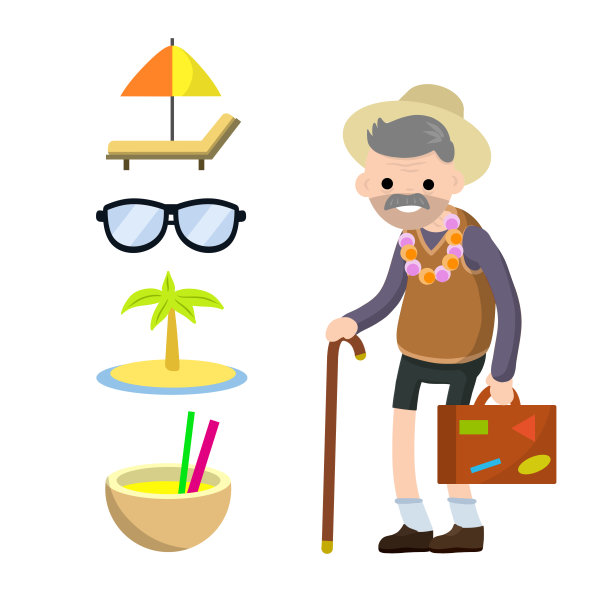 穿着短裤戴着帽子度假的老人。退休。卡通平面插图。祖父母的旅行。祖父旅行者。躺椅，太阳镜，手掌，鸡尾酒。随身带着旅行用的手提箱图片下载