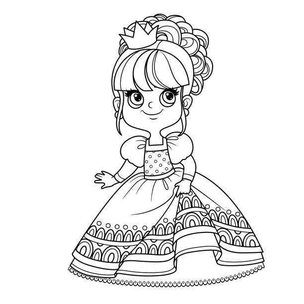 可爱的公主在舞会裙的轮廓着色图片下载